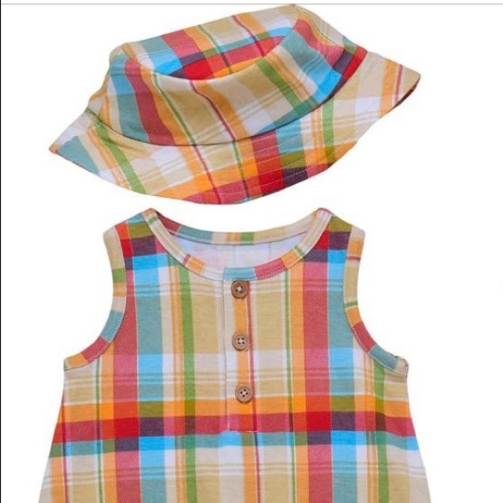 Two pieces plaid printed sunshine crewneck, sleeveless snap button